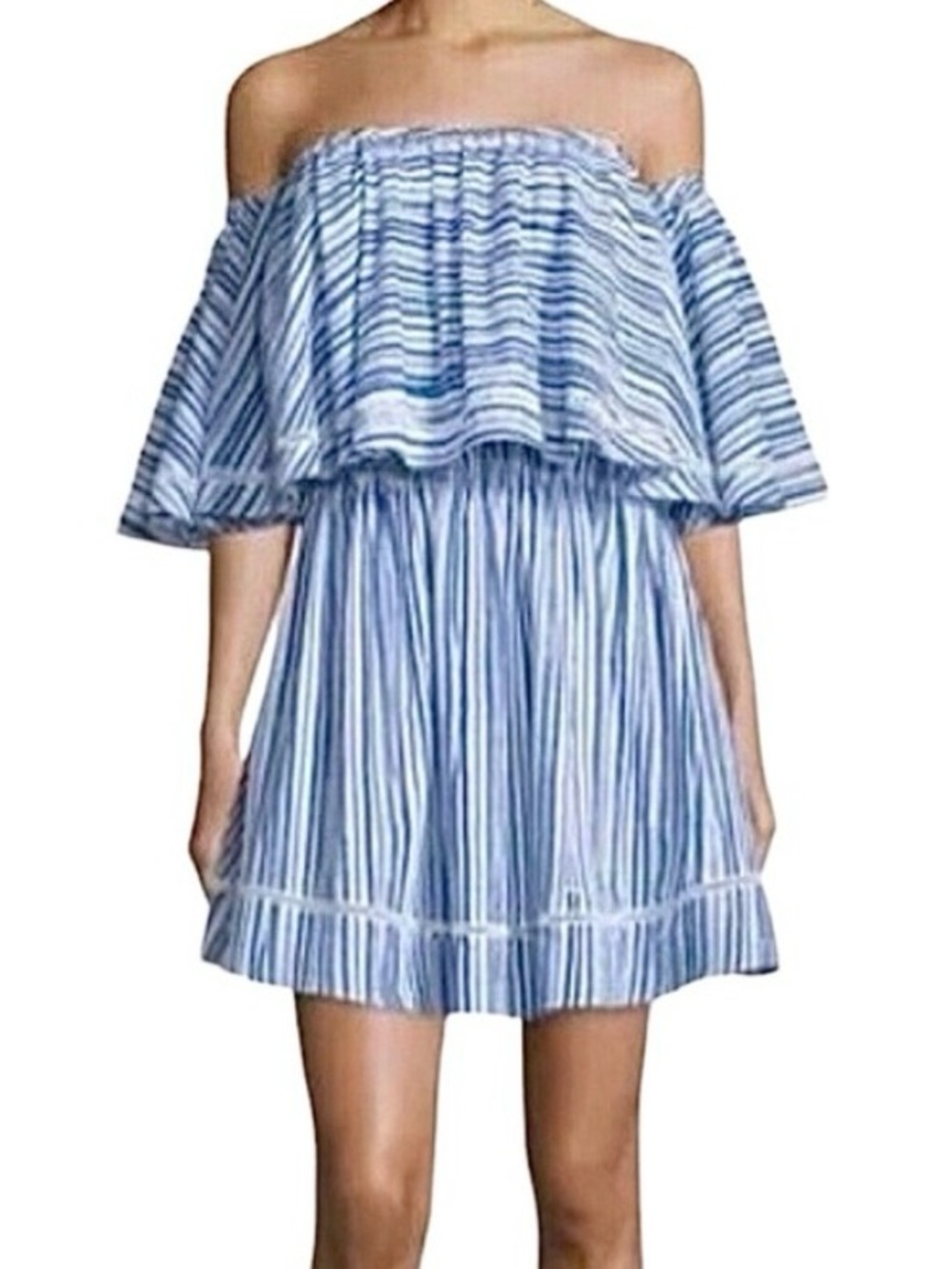 Nicholas Washed Stripe Frill Mini Dress Blue White Cotton Off Shoulder Ruffle 4